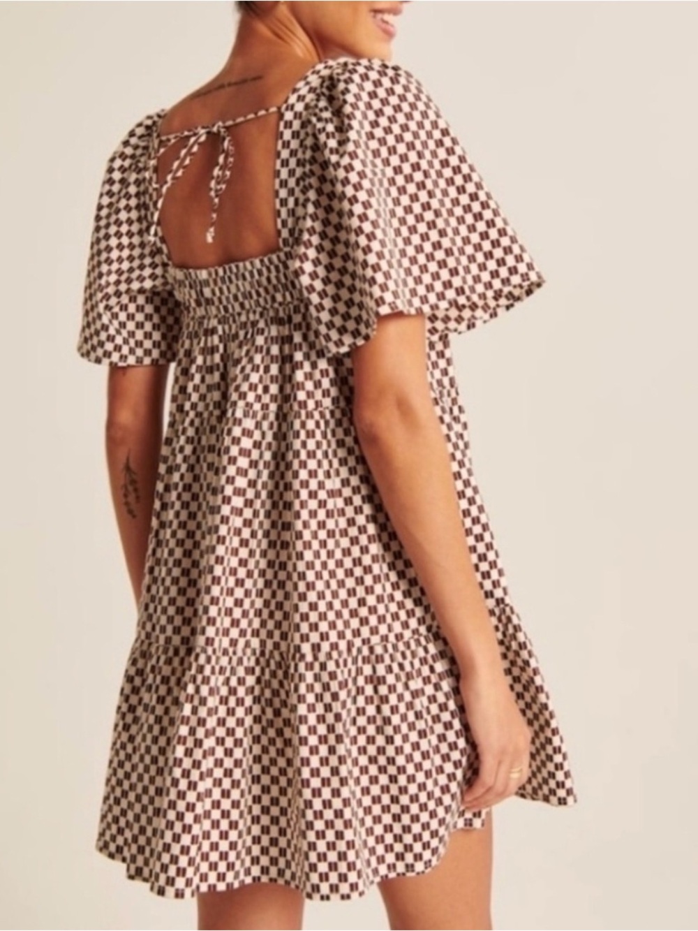 Square Neck Check Babydoll Mini Dress - Brown/White - Picture 5 of 7